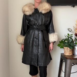 Vintage Black Leather Coat with Real Fox Fur Trim Belted Women’s S–M